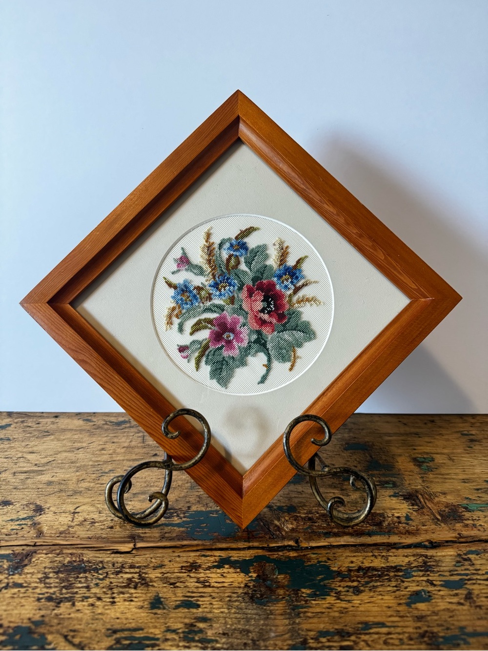 Framed Floral Needlepoint Artwork - Pink & Blue Bouquet